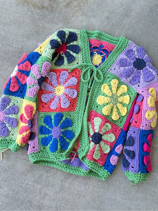 Free People Sweaters - Vintage 90s granny square crochet cardigan retro daisy flower patchwork sweater